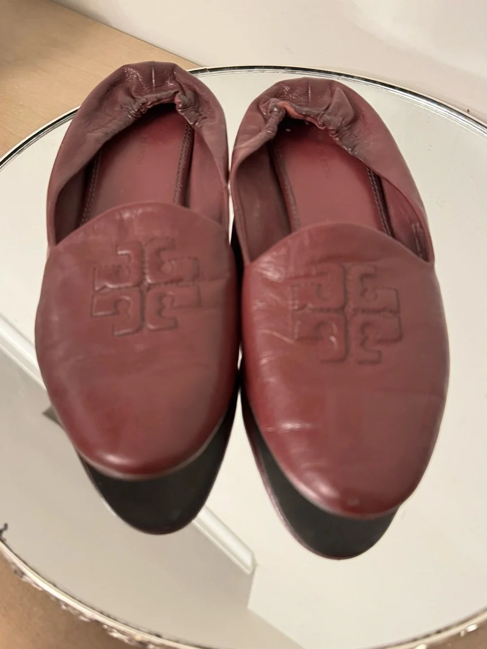 Tory Burch Burgundy Leather Logo Ballet Flats